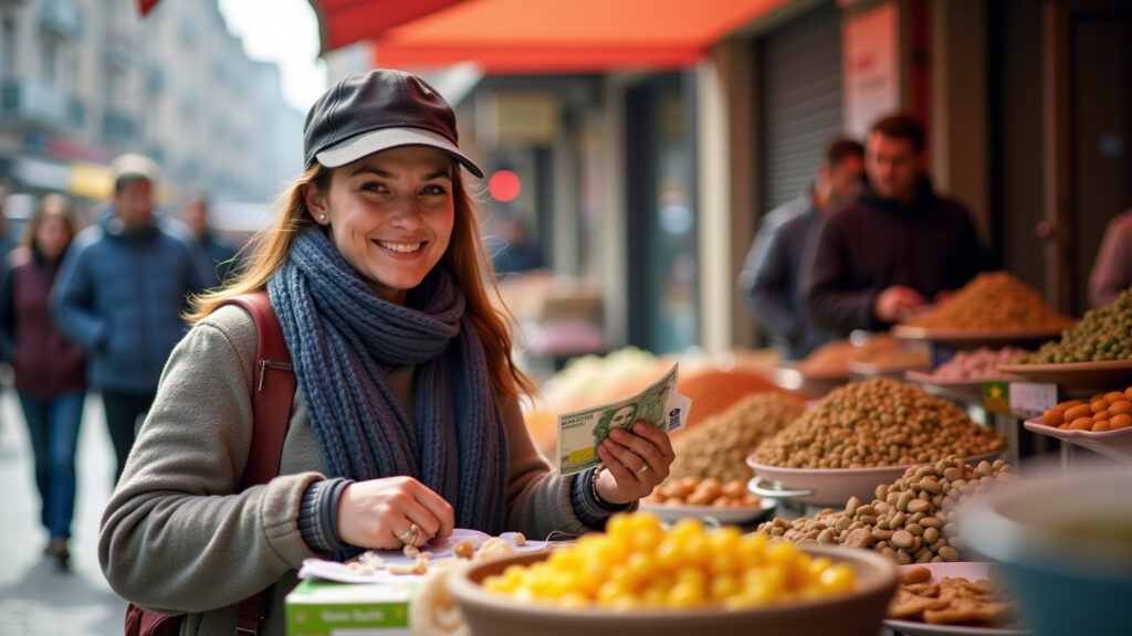 Budget travel tips Turkey, woman with Turkish lira, local market, street food, 8k, sharp focus, Mulher economizando em viagem na Turquia, mercado local e comida de rua.