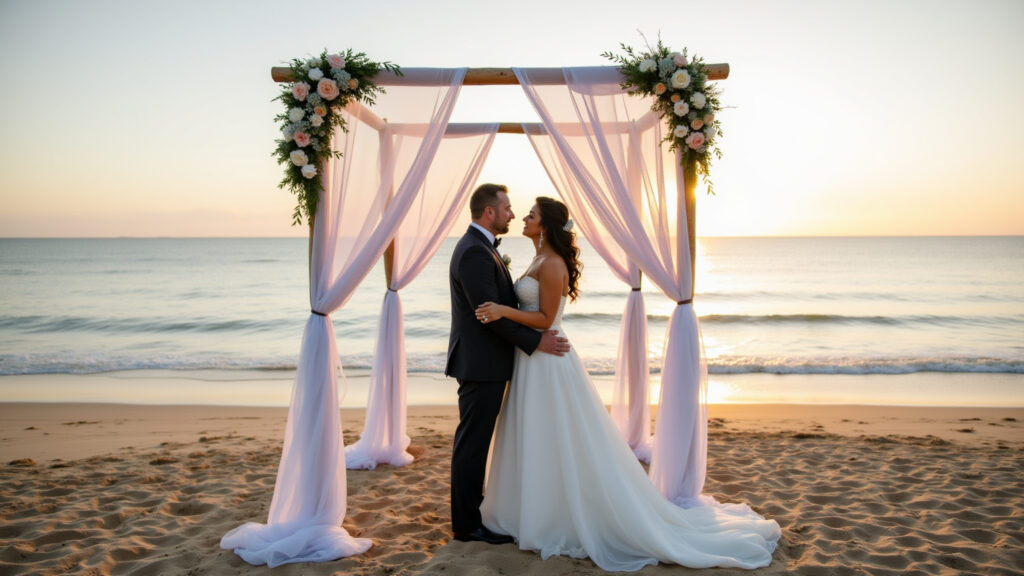 Búzios beach wedding. Praia da Ferradura, calm waters, elegant decor, sunset, professional Casamento com vista para o mar em Búzios: Charme e elegância.