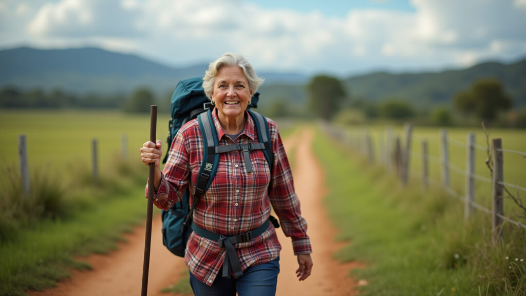 Caminho da Fé, São Paulo. Woman pilgrim walking, countryside. Backpack, walking stick, Peregrina no Caminho da Fé, entre São Paulo e Minas Gerais.