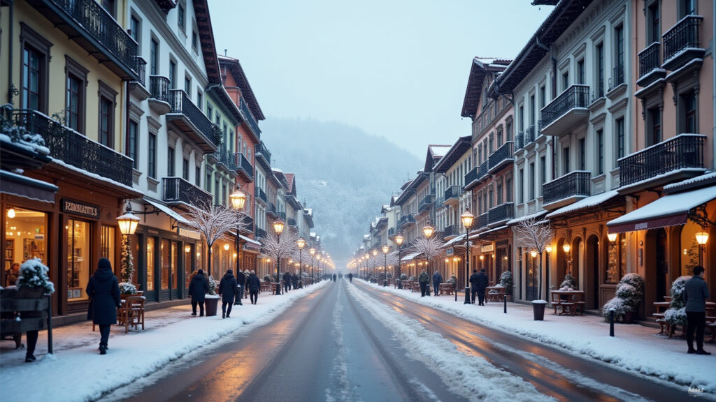 Campos do Jordão street view, winter, snow, professional photography, 8K quality, European Vista da rua de Campos do Jordão no inverno com neve.