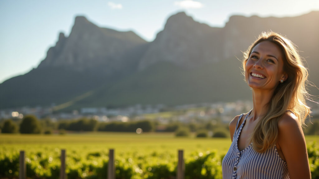 Cape Town Table Mountain, woman at vineyard, smiling, 'professional photography', 8K quality, sharp Intercâmbio em Cape Town: mulher em vinhedo.
