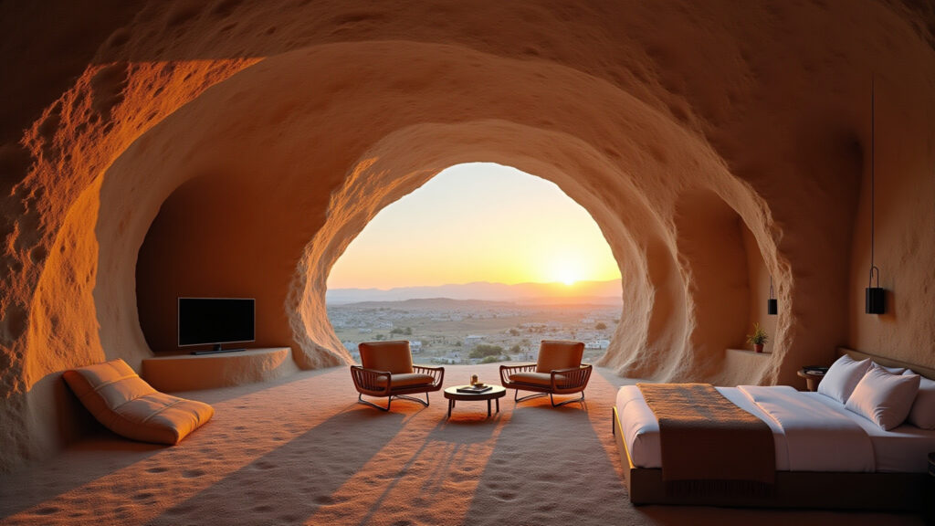 Cappadocia cave hotel, sunset view, professional photography, 8K quality, sharp focus, Hotel caverna na Capadócia com vista para o pôr do sol.