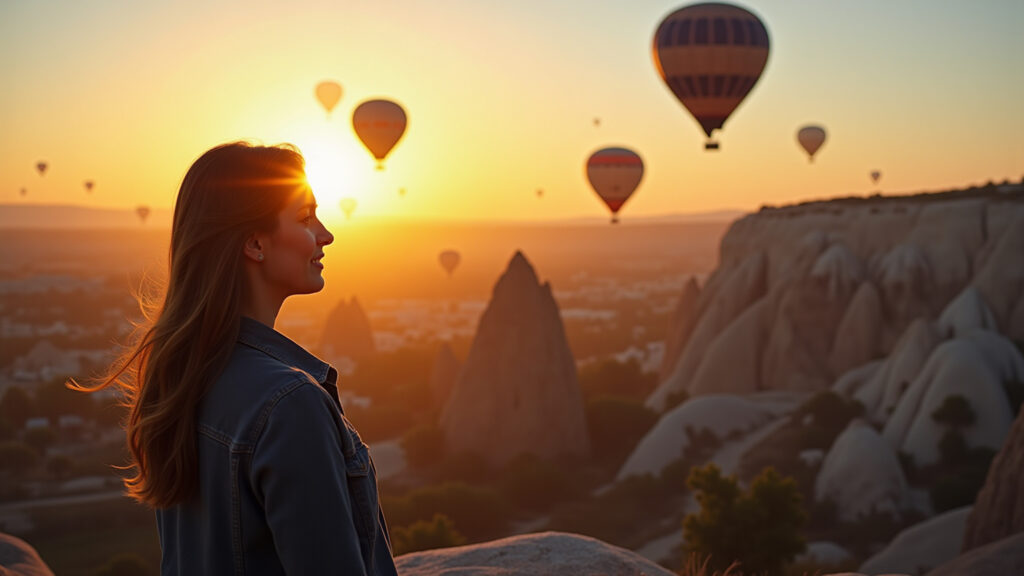 Cappadocia hot air balloons at sunrise, professional photography, 8K quality, sharp focus, Balões sobrevoando a Capadócia ao amanhecer, paisagem mágica.