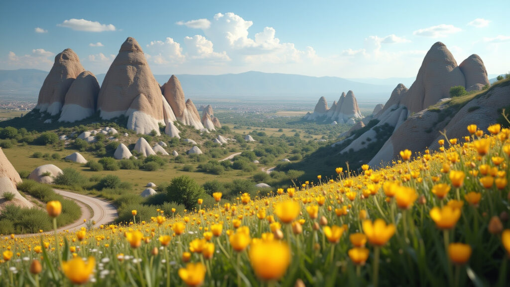 Cappadocia landscape in spring, wildflowers, clear sky, professional photography, 8K quality, sharp Paisagem da Capadócia na primavera, flores silvestres e céu azul.