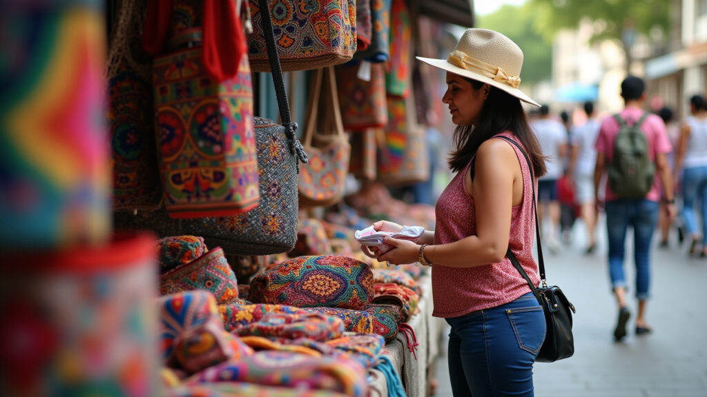 Cartagena artisan market, wayuu bags, colorful crafts, female shopper, professional photography, 8K Mulher escolhendo artesanato local em Cartagena, Colômbia.