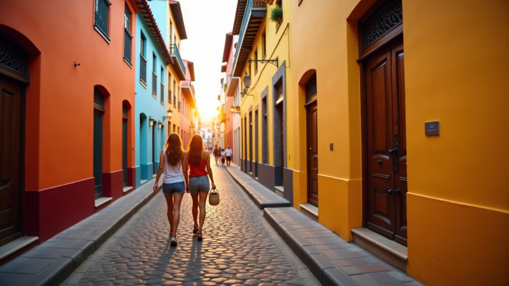 Cartagena walled city sunset, women travelers, vibrant colors, cobblestone streets, professional Mulheres explorando a cidade amuralhada de Cartagena ao pôr do sol.