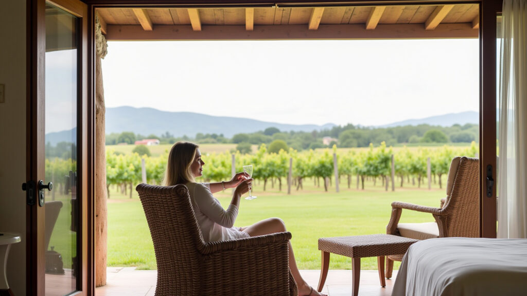 Charming pousada Vale dos Vinhedos, woman relaxing with wine, vineyard view, natural lighting, 8K Pousada charmosa no Vale dos Vinhedos com vista para os vinhedos.