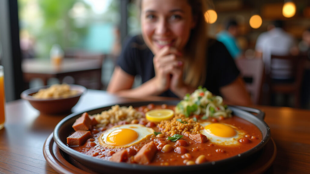 Colombian bandeja paisa, traditional food, vibrant colors, female traveler enjoying meal, Mulher saboreando a tradicional bandeja paisa em Medellín.