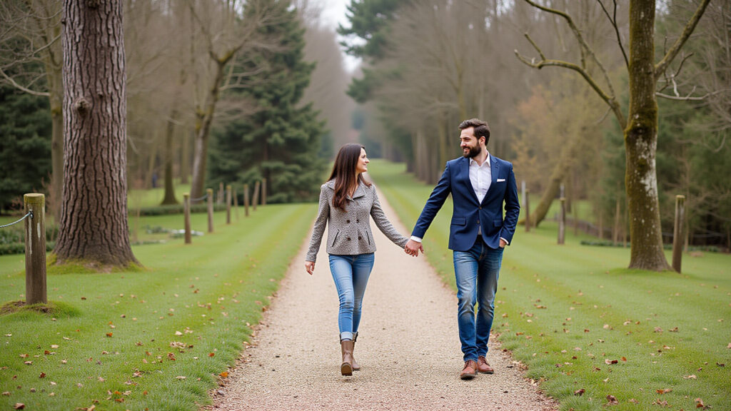 Couple walking hand-in-hand at Amantikir Gardens, Campos do Jordão winter, professional Casal apaixonado caminhando no Amantikir em Campos do Jordão.