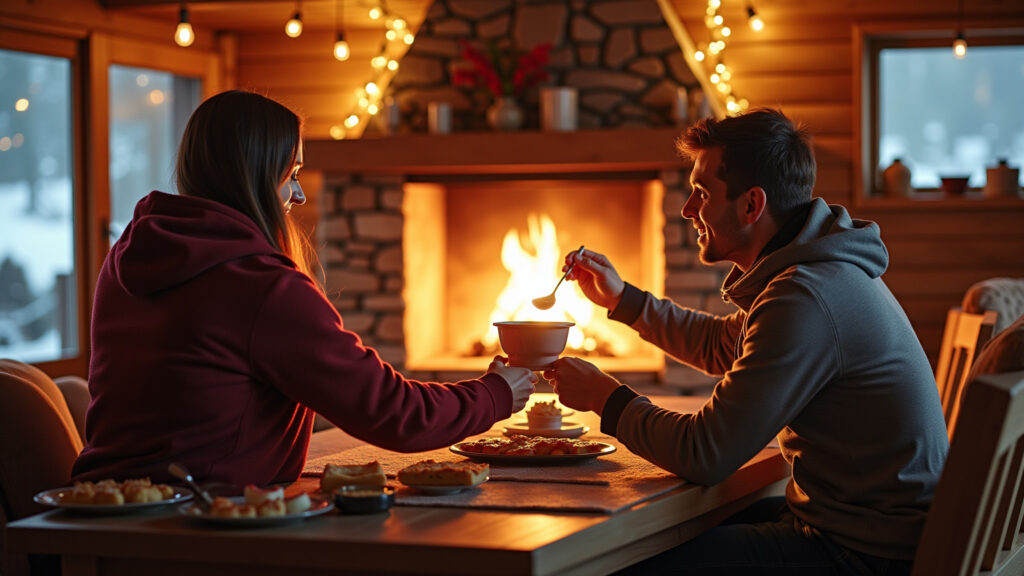 Cozy couple enjoying fondue by a fireplace in a luxurious chalet, Campos do Jordão winter, Casal aproveitando fondue em Campos do Jordão no inverno.