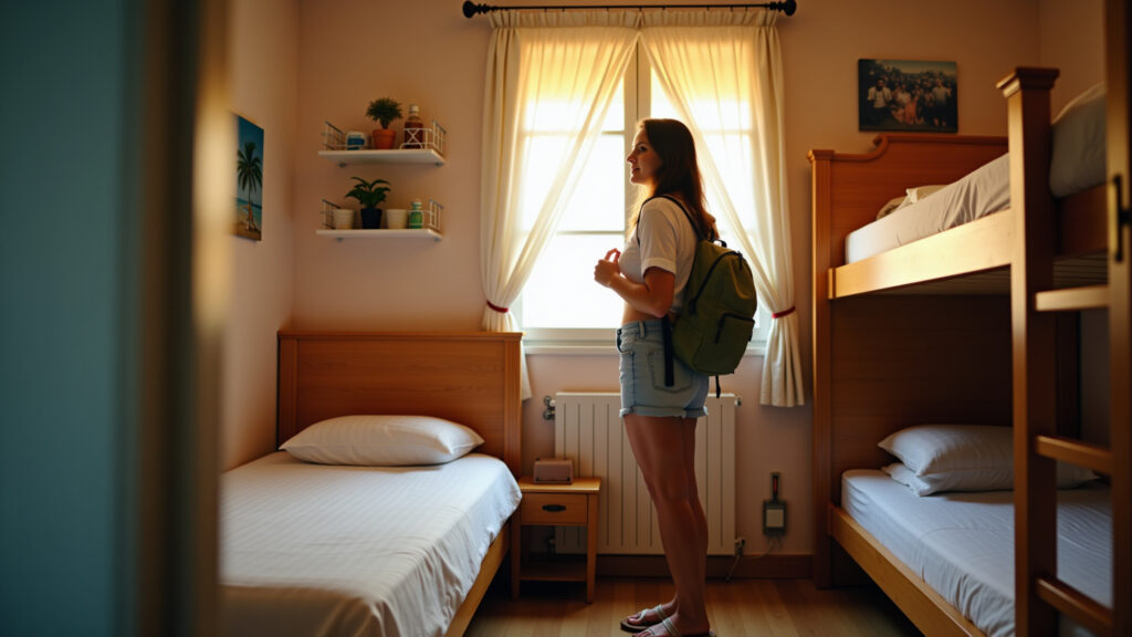 Cozy hostel room, woman traveler, backpack, travel guide, warm light, Brazilian style, 8k, Quarto de hostel aconchegante com viajante e mochila.