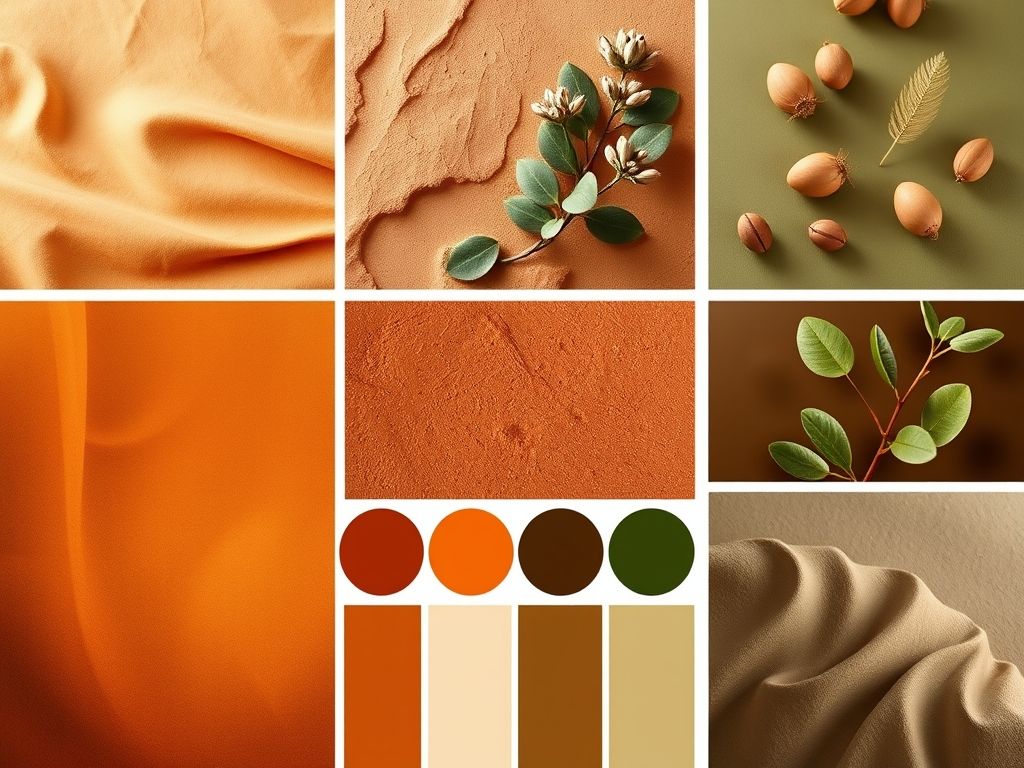 Guia de combinações de cores em tons terrosos: inspire-se com bege, terracota, marrom, verde oliva e toques de azul turquesa para uma sala elegante.