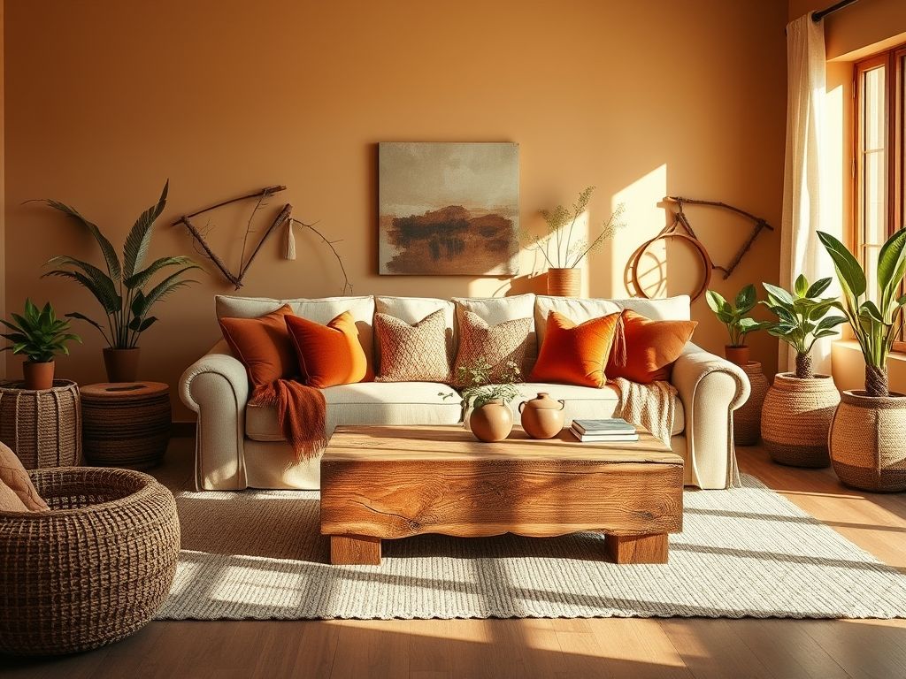 Sala de estar decorada em tons terrosos: aconchego e elegância para o seu lar. Dicas de decoração com bege, terracota e madeira.