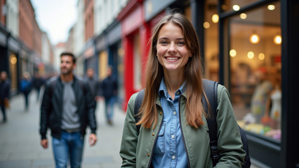 Dublin street scene, young woman with backpack, smiling, vibrant shops, 'professional photography', Intercâmbio em Dublin: jovem explorando a cidade.