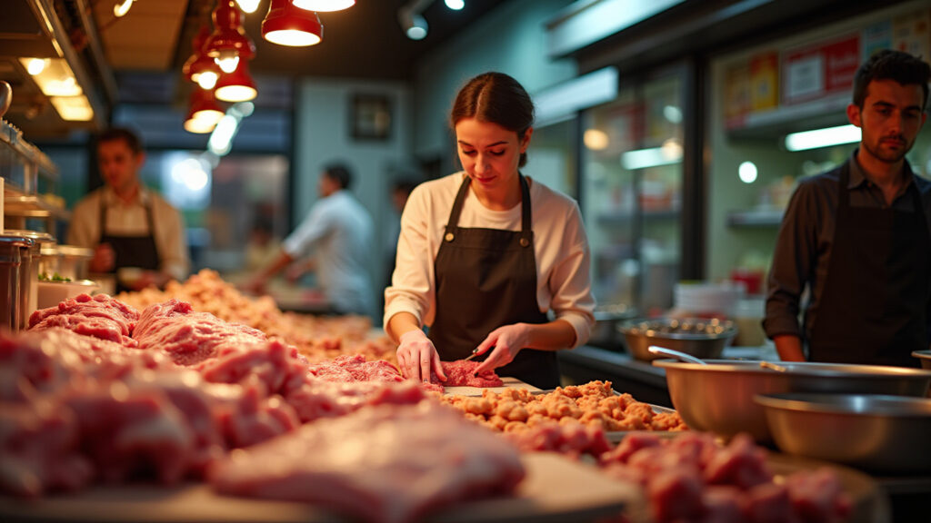Florence market, bistecca alla fiorentina, gourmet woman selecting meat, vibrant colors, natural Mulher escolhendo bistecca alla fiorentina em Florença.