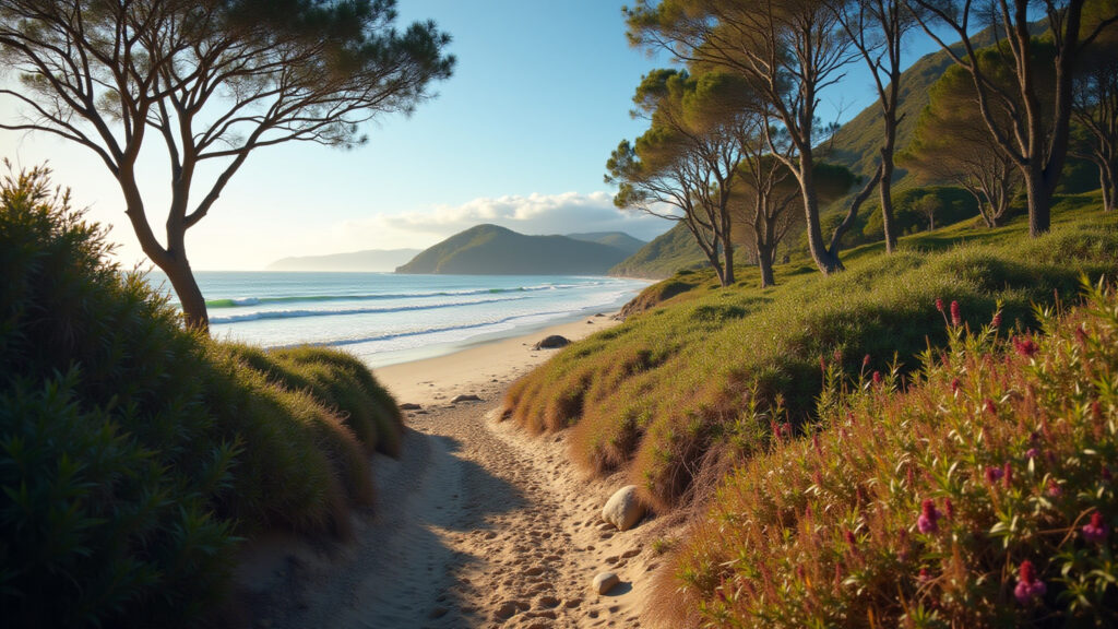 Galheta trail, secluded beach, natural beauty, 8k, professional photography, hyper-realistic, Praia da Galheta: beleza natural e atmosfera relaxante.