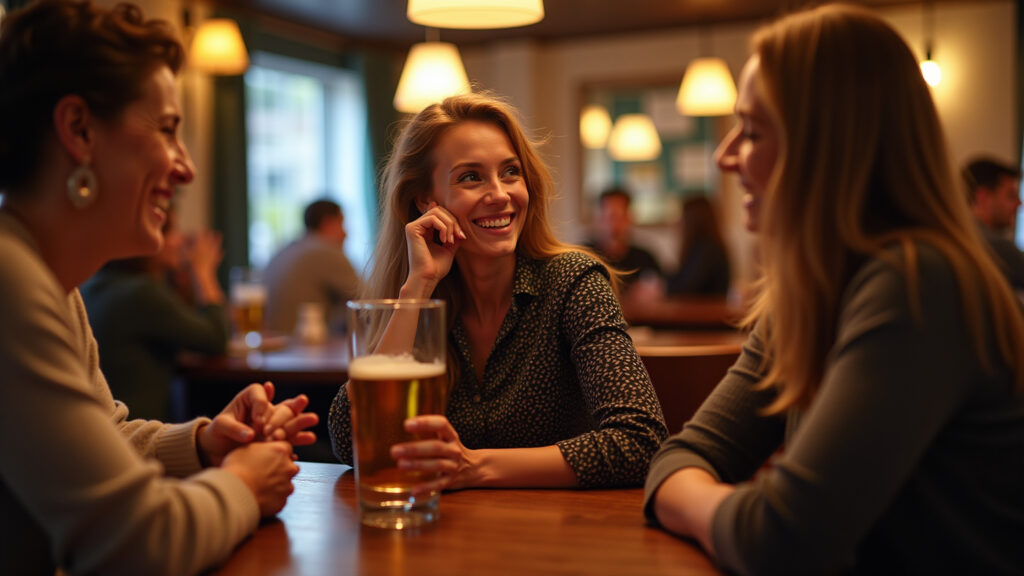 Galway pub, woman laughing with friends, live music, 'professional photography', 8K quality, sharp Intercâmbio em Galway: mulher se divertindo em pub.