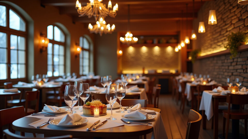 Gourmet restaurant interior, fondue and wine, Campos do Jordão winter, professional photography, Restaurante gourmet com fondue em Campos do Jordão.