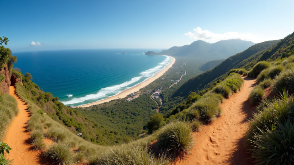 Gravatá trail, panoramic view of Praia Mole, sunny day, 8k, professional photography, Vista panorâmica da Praia Mole a partir da Trilha do Gravatá.