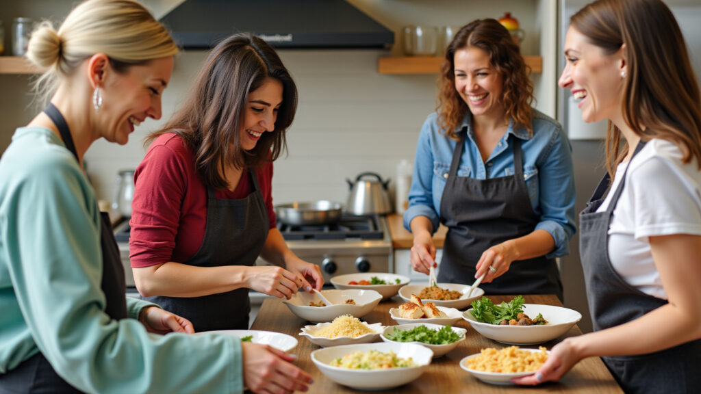 Group of women cooking together in a hostel kitchen, laughing, sharing food, diverse backgrounds, Mulheres cozinhando juntas em hostel no Brasil.