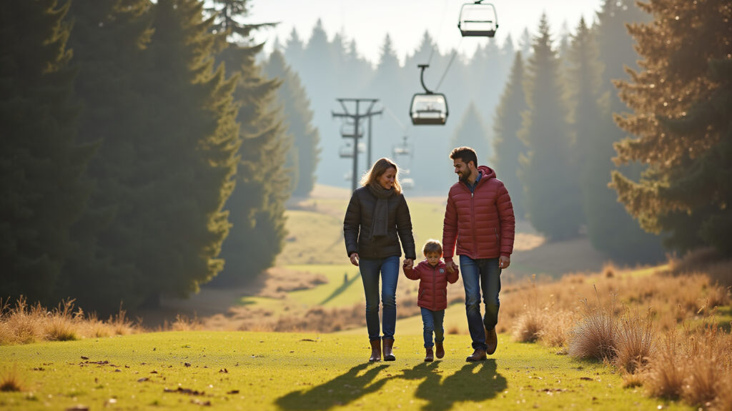 Happy family walking in Parque Capivari, Campos do Jordão winter, teleférico background, Família se divertindo no Parque Capivari em Campos do Jordão.