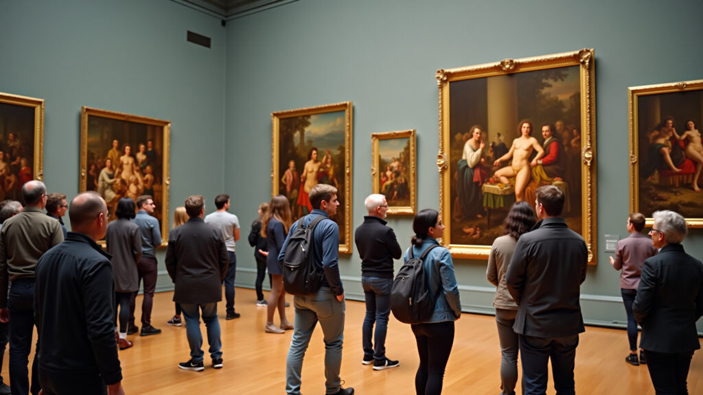 Hermitage Museum, St. Petersburg, art collection, diverse visitors admiring paintings, professional Museu Hermitage: Imersão na arte russa.