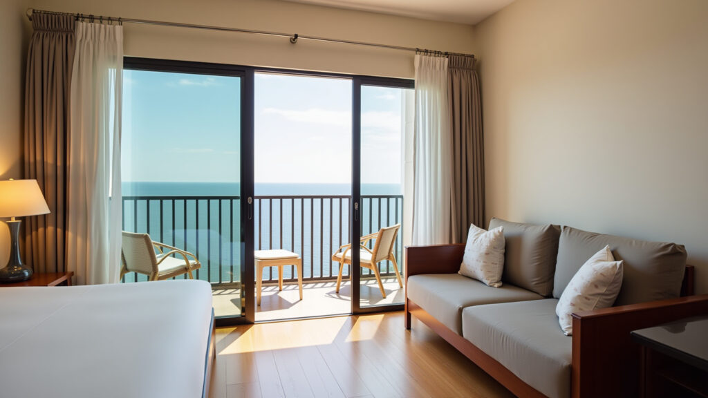 Hotel in Aracaju, beach view. 8K quality, professional photography, comfortable room, natural Hospedagem com vista para o mar em Aracaju.
