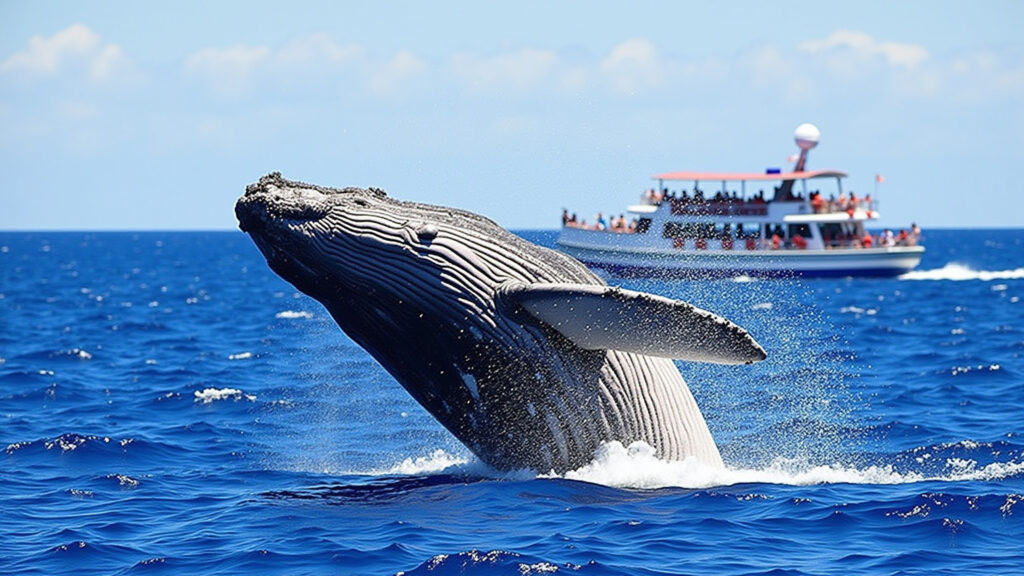 Humpback whale breaching off Bahia coast, professional photography, 8K quality, natural lighting, Baleia jubarte saltando no litoral da Bahia durante um passeio de observação.