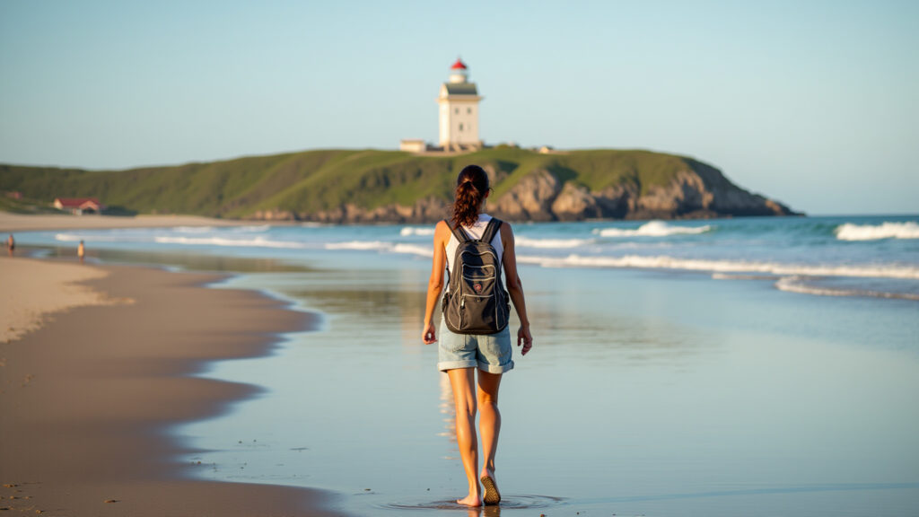 Ilha do Mel trekking, Paraná. Woman walking on beach, lighthouse view. Natural lighting, Mulher caminhando na praia da Ilha do Mel, Paraná.