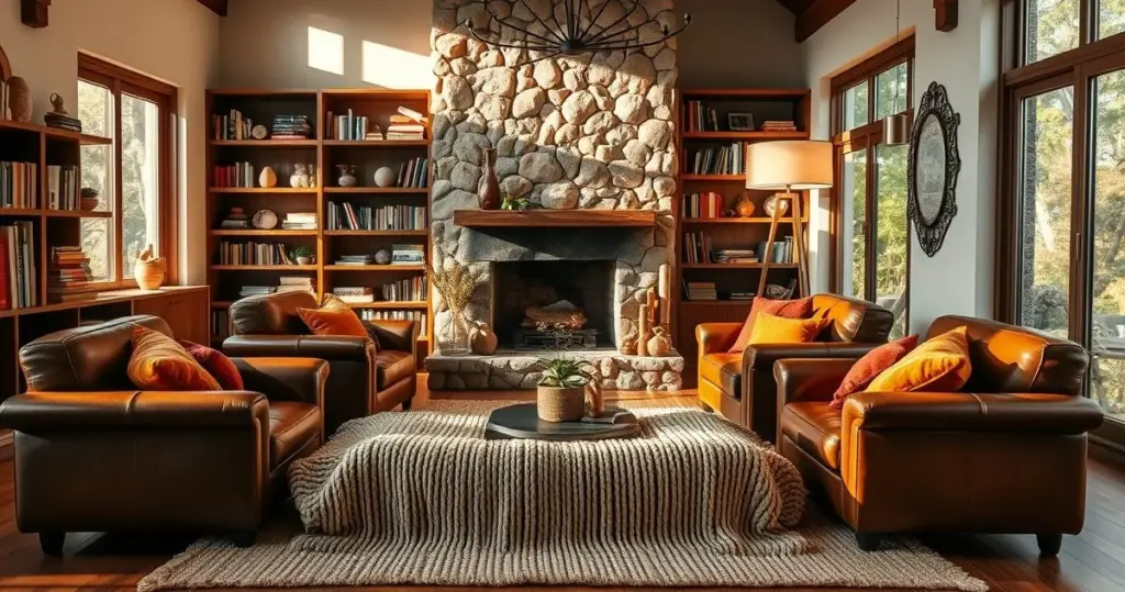 Sala de estar com lareira revestida em pedra natural