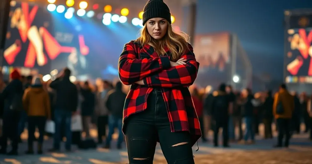 Fotografia realista de uma mulher brasileira em um festival de rock de inverno