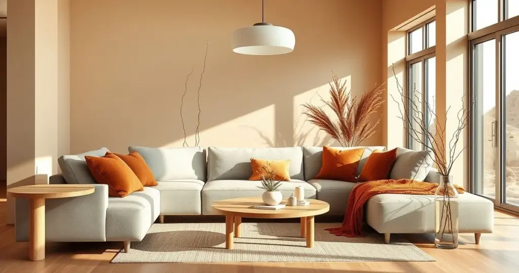 Sala de estar minimalista com paredes em tom areia
