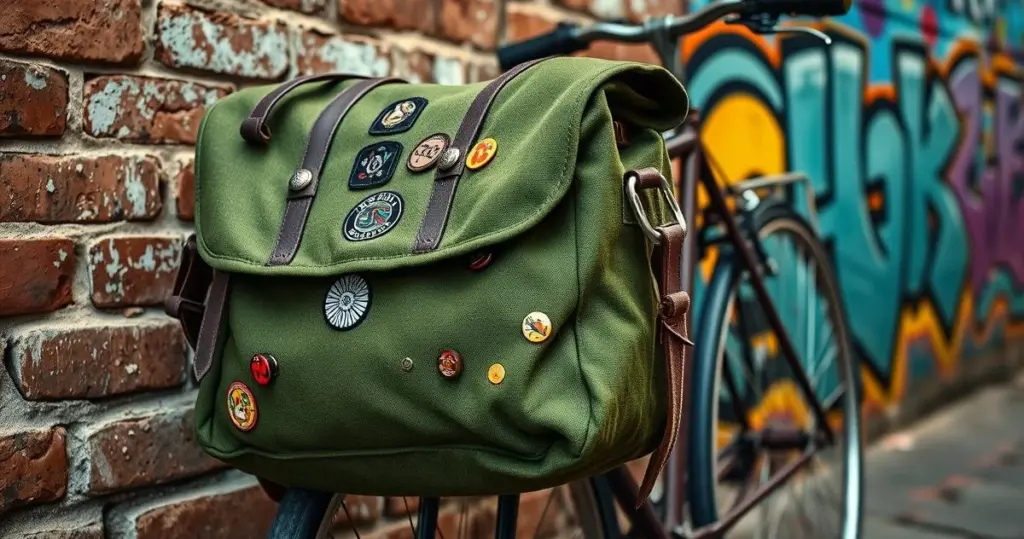 Detalhe de uma bolsa carteiro de lona verde musgo com patches e pins