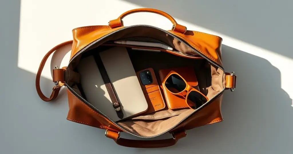 Bolsa carteiro de couro caramelo aberta