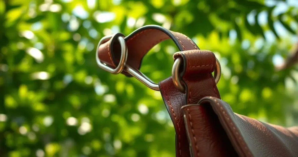 Close-up da alça ajustável de uma bolsa carteiro de couro