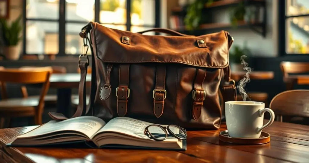 Bolsa carteiro de couro marrom em um café aconchegante