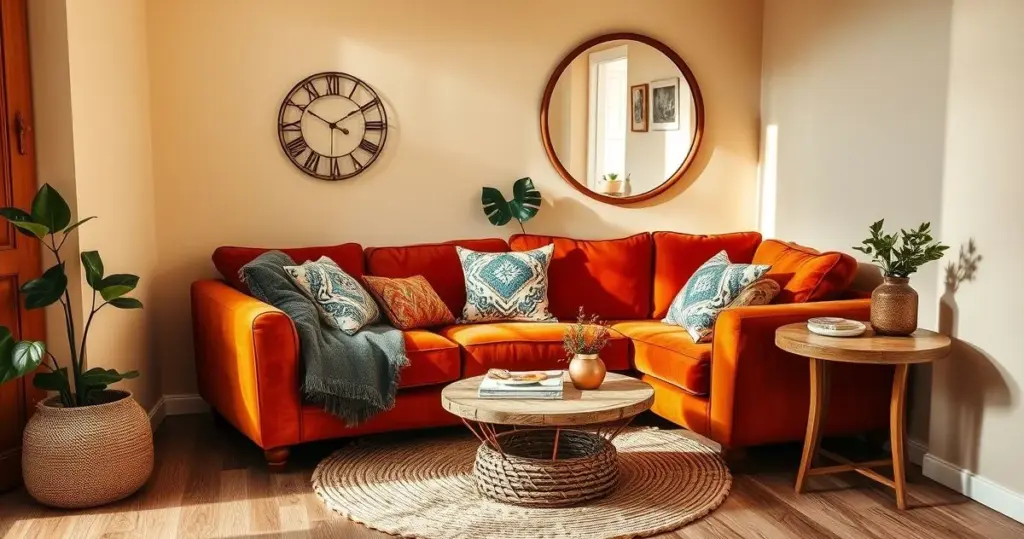 Sala de estar pequena e charmosa com paredes em tom creme