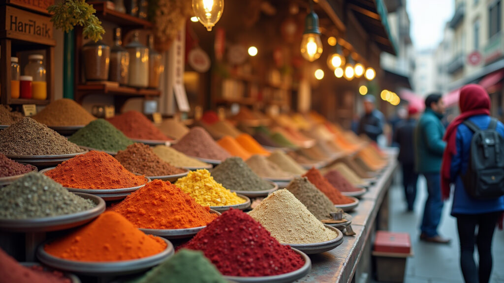 Istanbul's vibrant Spice Market, professional photography, 8K quality, sharp focus, natural Mercado de Especiarias em Istambul, cores vibrantes e aromas exóticos.