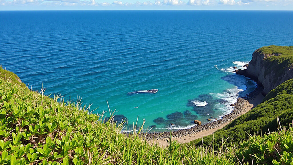 Itacaré coastline, scenic view, humpback whale in distance, professional photography, 8K quality, Baleia avistada da costa de Itacaré, Bahia.