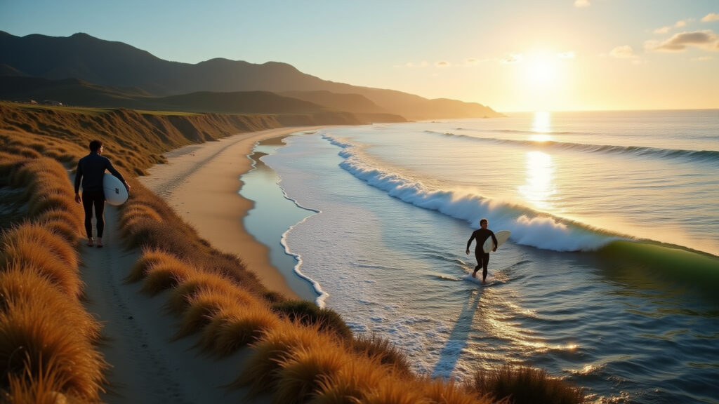Joaquina trail, surfer on wave, sunny day, 8k, professional photography, hyper-realistic, natural Surfista pegando onda na Praia da Joaquina.
