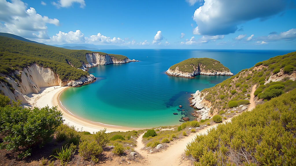 Lagoinha do Leste trail, vibrant landscape, clear water, 8k, professional photography, natural Trilha da Lagoinha do Leste: vista paradisíaca da praia e lagoa.