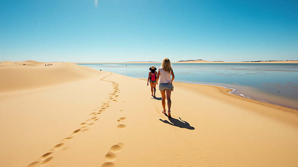 Lençóis Maranhenses trekking, Maranhão. Woman walking on dunes, lagoon view. Bright sunlight, Mulher caminhando nas dunas dos Lençóis Maranhenses, Maranhão.