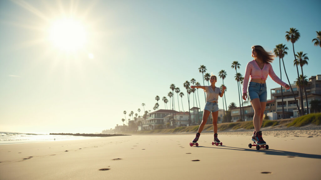 Los Angeles beach, woman roller skating, palm trees, 'professional photography', 8K quality, sharp Intercâmbio em Los Angeles: mulher patinando na praia.
