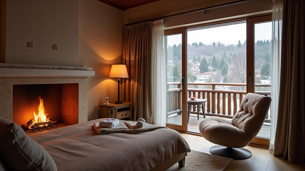 Luxury hotel room with fireplace, Campos do Jordão winter, professional photography, 8K quality, Quarto de hotel luxuoso com lareira em Campos do Jordão.