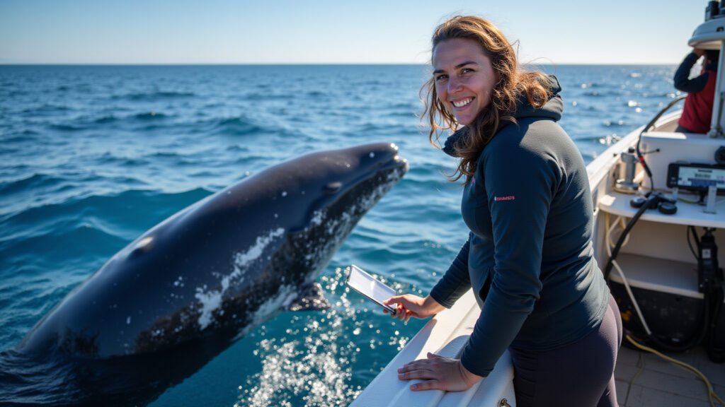 Marine biologist collecting data on humpback whale, research vessel, professional photography, 8K Biólogo marinho coletando dados sobre baleias jubarte para pesquisa.