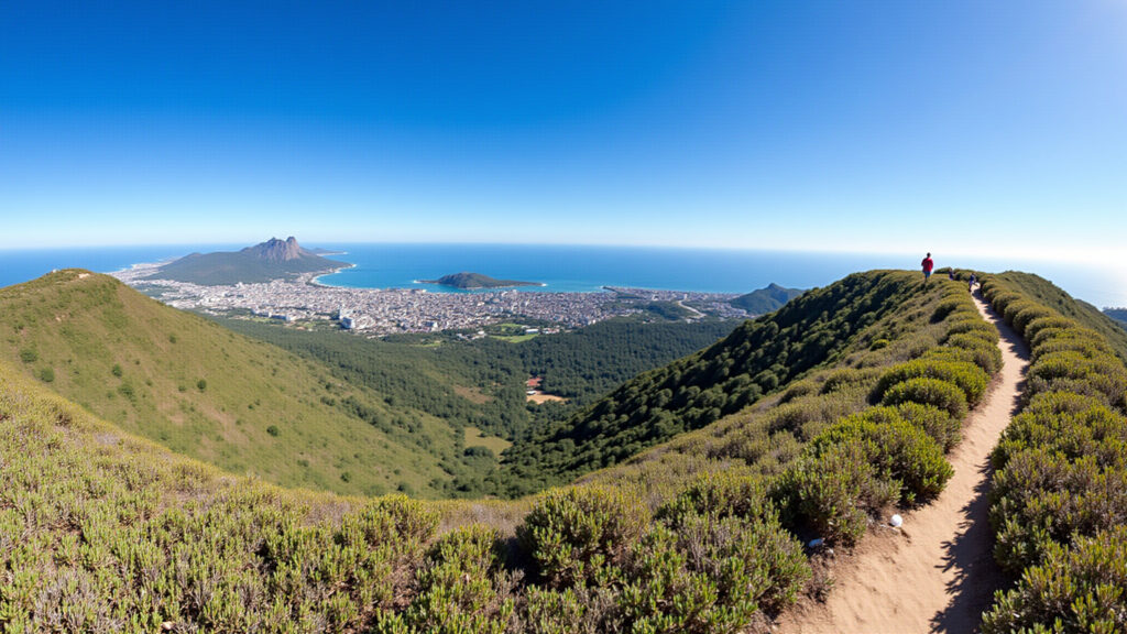 Morro da Cruz trail, 360º view of Florianópolis, clear sky, 8k, professional photography, Vista panorâmica de 360º de Florianópolis do Morro da Cruz.