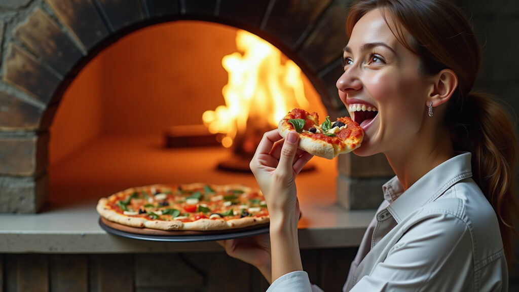 Naples pizzeria, woman eating pizza, wood-fired oven, fresh ingredients, natural lighting, sharp Mulher saboreando pizza napolitana em Nápoles.