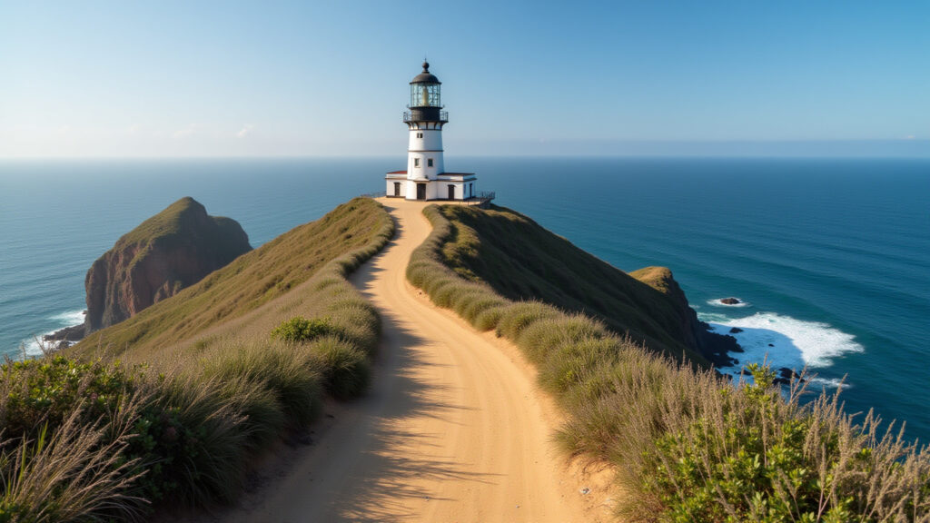 Naufragados trail, historic lighthouse, ocean view, 8k, professional photography, hyper-realistic, Farol histórico na Trilha dos Naufragados com vista para o oceano.