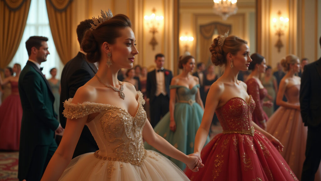 Opulent ball in Imperial Russia, elegant women in gowns, men in formal attire, grand ballroom, Baile da Rússia Imperial: Elegância e grandiosidade.