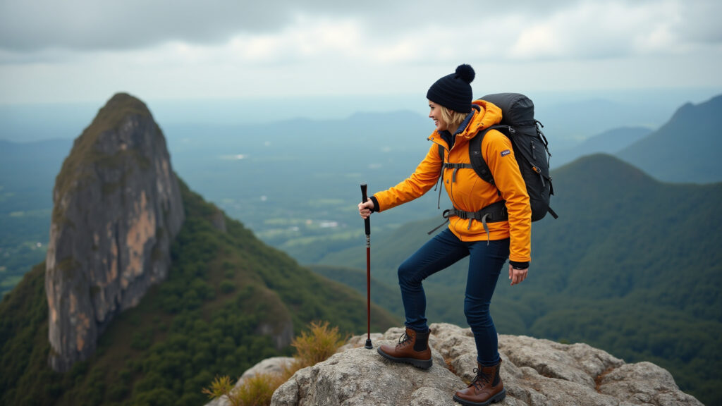 Pedra da Mina trekking, São Paulo. Woman reaching peak, panoramic view. Cold weather gear, Mulher alcançando o pico da Pedra da Mina, São Paulo.